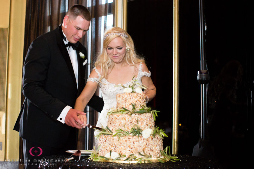Bride and Groom cut Burnt Almond Torte Wedding Cake at Omni William Penn Urban Room Wedding Photography Pittsburgh Wedding Photographer
