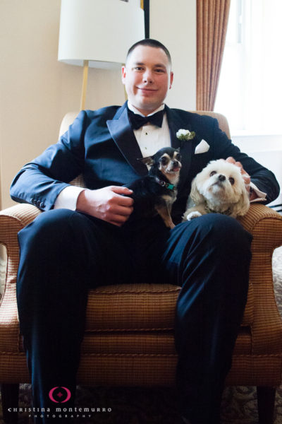 Groom with Chihuahua and Maltese dogs at Omni William Penn Hotel Pittsburgh Wedding Photography