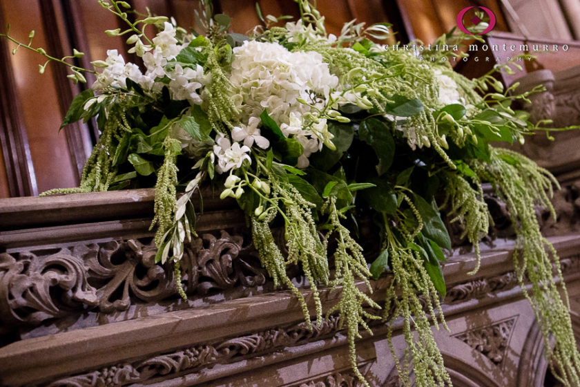  White Hydrangeas, Hanging Green Amaranthus, white freesia,First Presbyterian Church Pittsburgh Wedding Photography