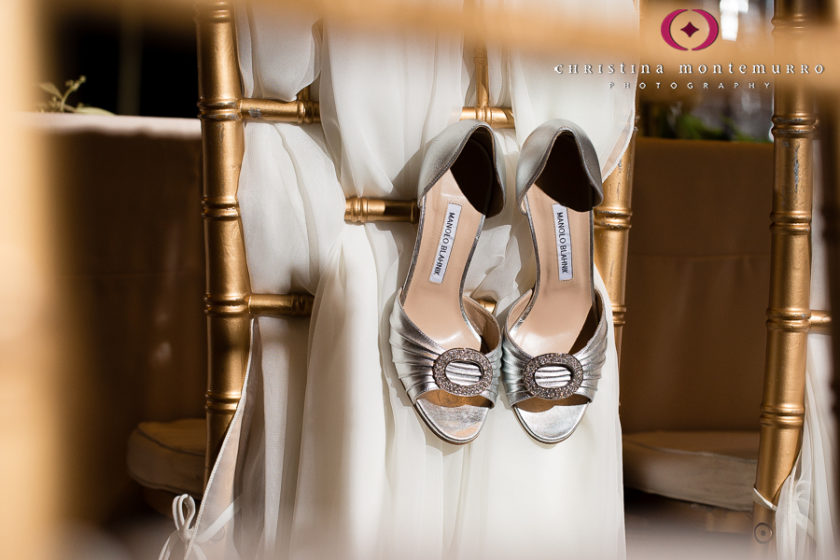 Silver Manolo Blahnik Bridal Shoes on Gold Chiavari Chair with Ivory Flowing Fabric William Penn Hotel Pittsburgh Wedding Photography