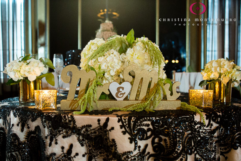 Sweetheart Table Mr. and Mrs. White Hydrangea Green Hanging Amaranthus Centerpiece Black and White Floral Linen Overlay Omni William Penn Urban Room Pittsburgh Wedding Photography