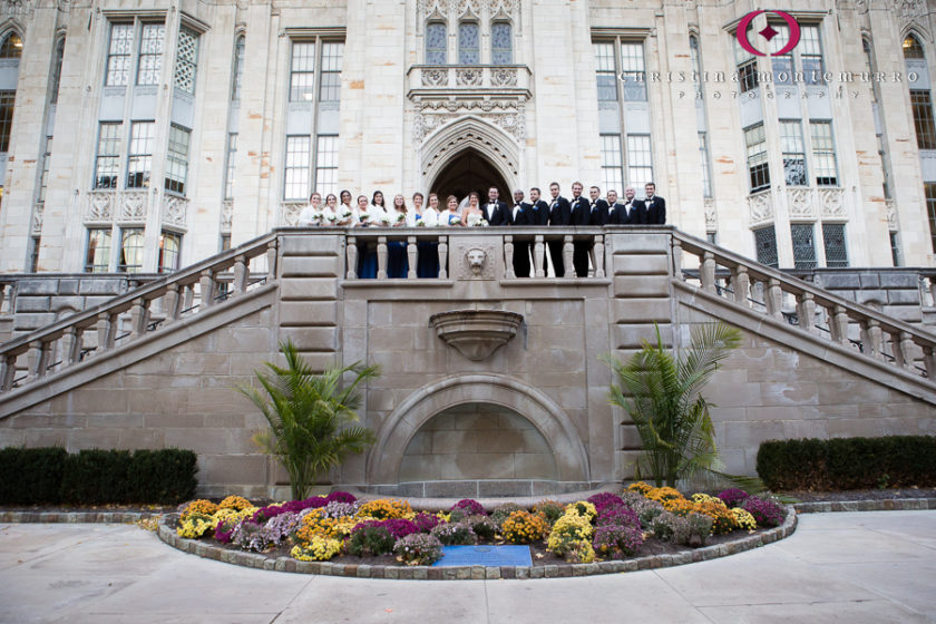 Bride and Groom and Bridal Partyat University of Pittsburgh Cathedral of Learning Wedding November