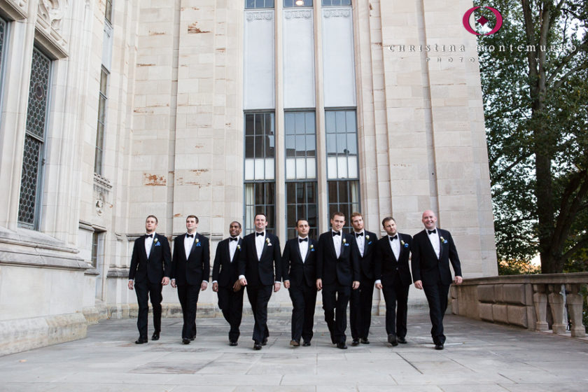 Groom and Groomsmen Walking outside of Cathedral of Learning University of Pittsburgh