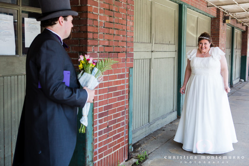 Bride and Groom first look at the Terminal Building in Pittsburgh's Strip District