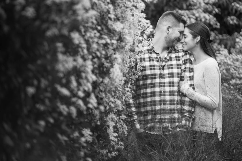 Engaged couple in Mellon Park next to wall covered with white flowers