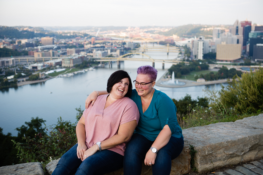 Engaged Women Sitting on Mount Washington with Iconic Pittsburgh View