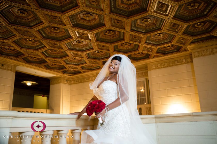 Stunning bride at the Omni William Penn with ornate carved ceiling