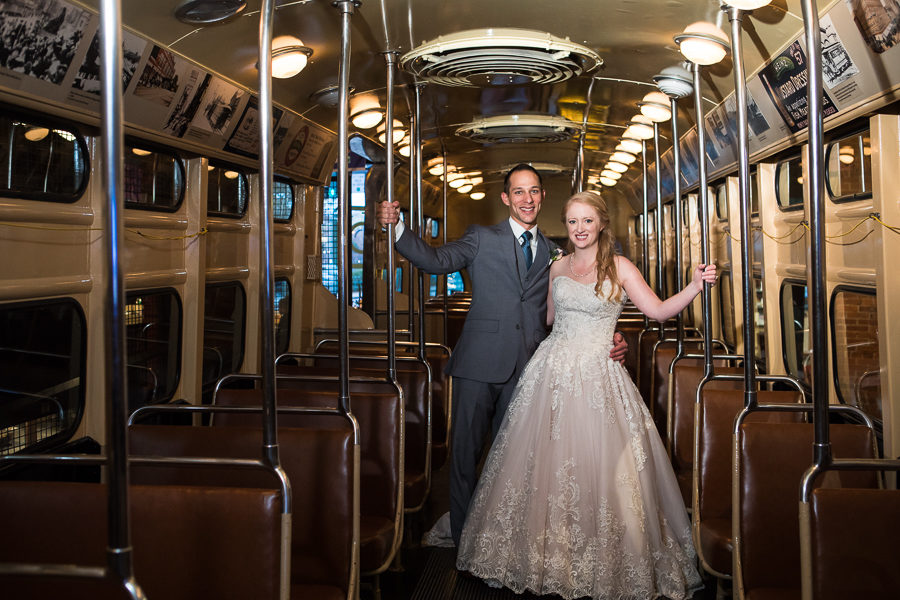 Bride in Strapless Pale Pink Wedding Gown and Groomin Gray Suit in Trolley at Heinz History center