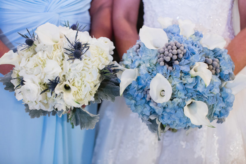 White Hydrangea and Blue Thistle Bridesmaid Bouquet with Blue Hydrangea White Calla Lily Silver Brunia Berry Bridal Bouquet