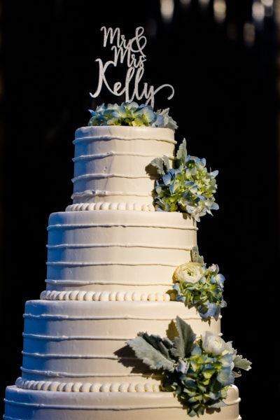Five Round Tiered Wedding Cake with Blue Hydrangeas by Culinaire and Gidas