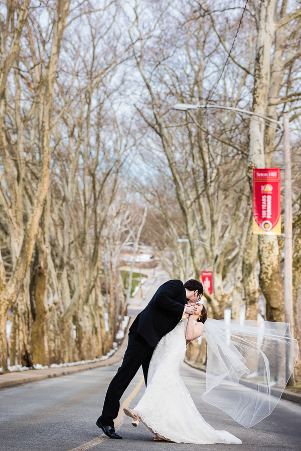 Bride and Groom at Beautiful Sycamore Lined Street at Seton Hill University
