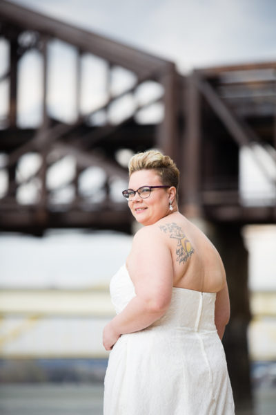 Short Haired Bride with Glasses by the Railroad Bridge in Pittsburgh
