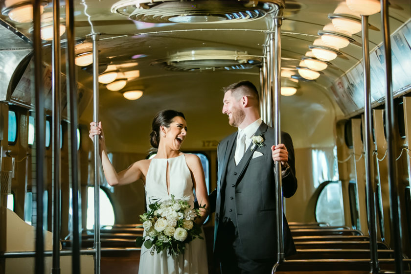 Bride and Groom in the trolley at the Heinz History Center