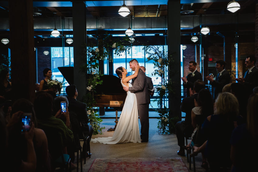 Bride and Groom First Kiss at Heinz History Center Library