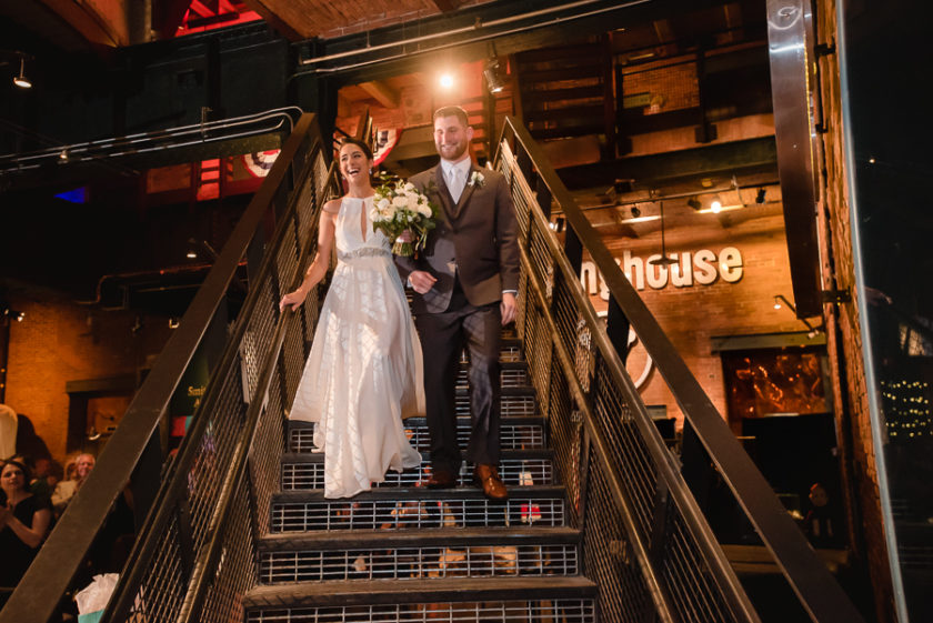 Bride and Groom Wedding Reception Entrance down Staircase at Heinz History Center Great Hall