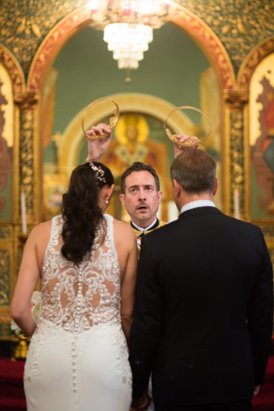 Bride and Groom with Crowns at Greek Orthodox Wedding