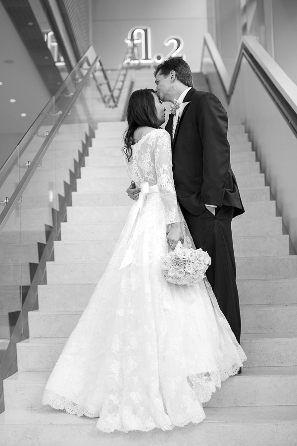 Bride and groom on Fairmont Hotel staircase