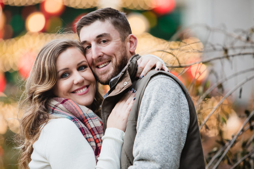 Engagement photos with Christmas lights in downtown Pittsburgh