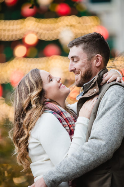 Engagement photos with Christmas lights in downtown Pittsburgh