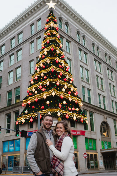 Engagement photos in front of Horne Building in Downtown Pittsburgh