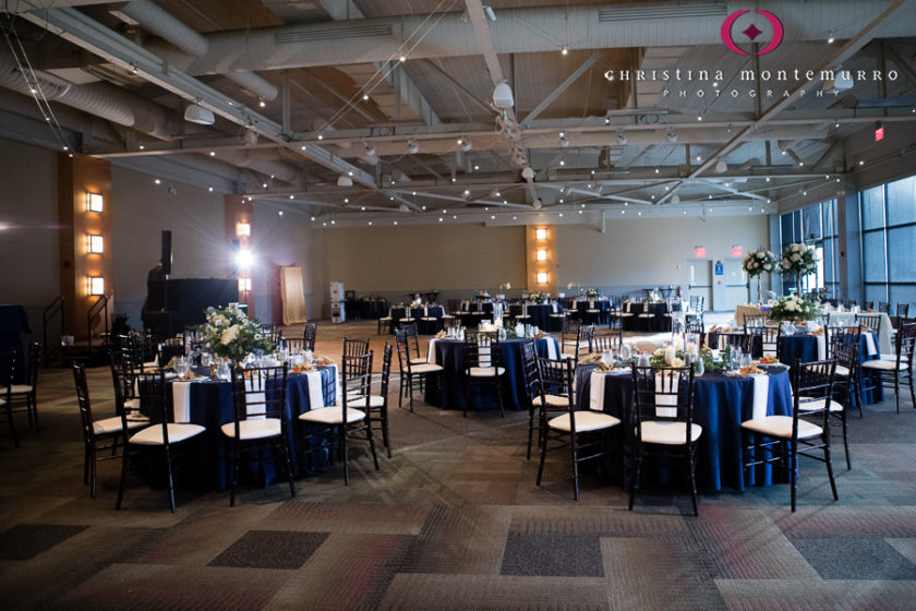 Empty Ballroom with Navy Linens, Dark Brown Chiavari Chairs and Bistro Lights at Heinz History Center