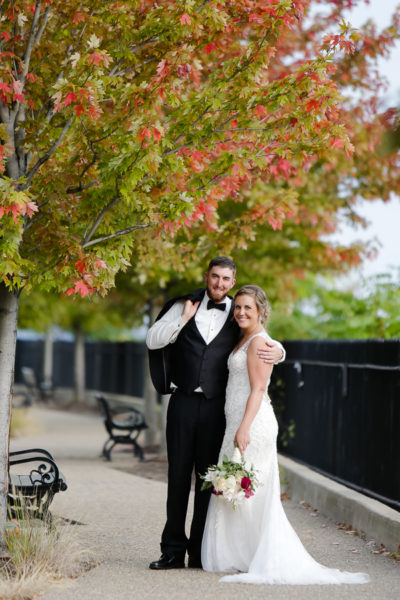 Bride and Groom with Fall Foliage at Duquesne University Wedding