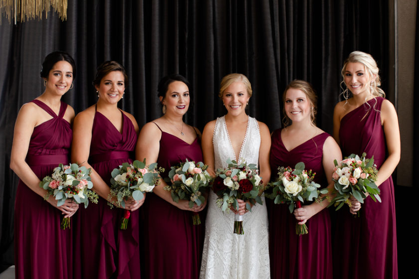 Bride and Bridesmaids in Burgundy Dresses