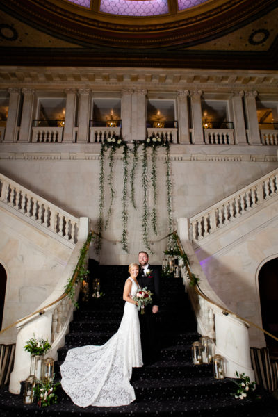 Bride and Groom Portrait in Renaissance Pittsburgh Hotel Lobby Grand Staircase