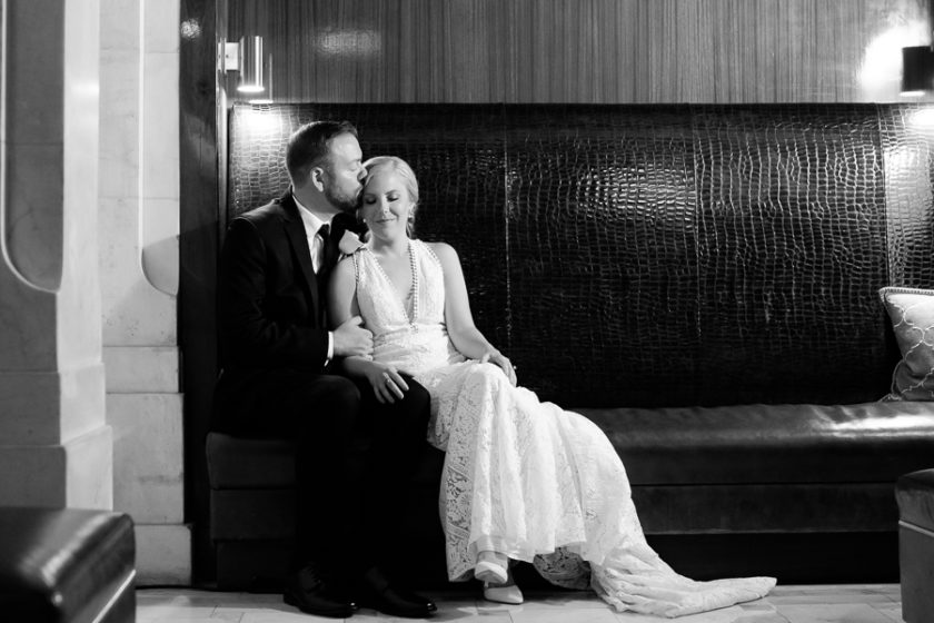 Bride and Groom Portrait in Renaissance Pittsburgh Hotel Lobby