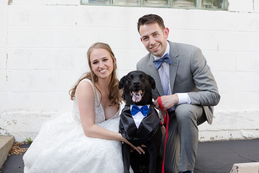 Bride and groom with rescue dog in tux